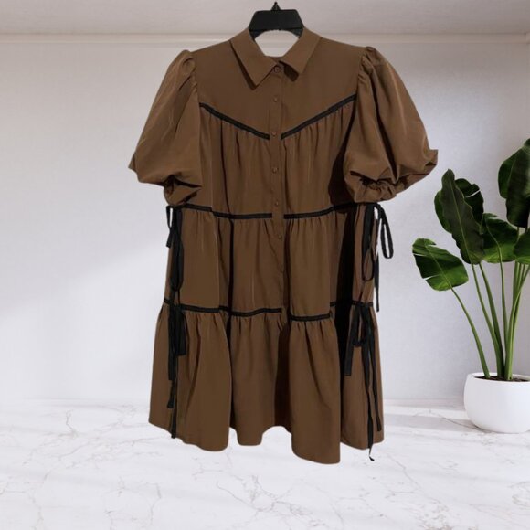 Puff Sleeve Brown Tiered Collared Dress with Contrast Trim – Size XL - Picture 1 of 11